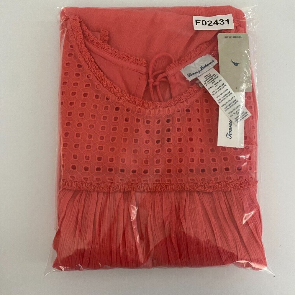Tommy Bahama Sleeveless Dress Size Small Coral Raw Edge Tassel Crinkle Rayon - Picture 10 of 10